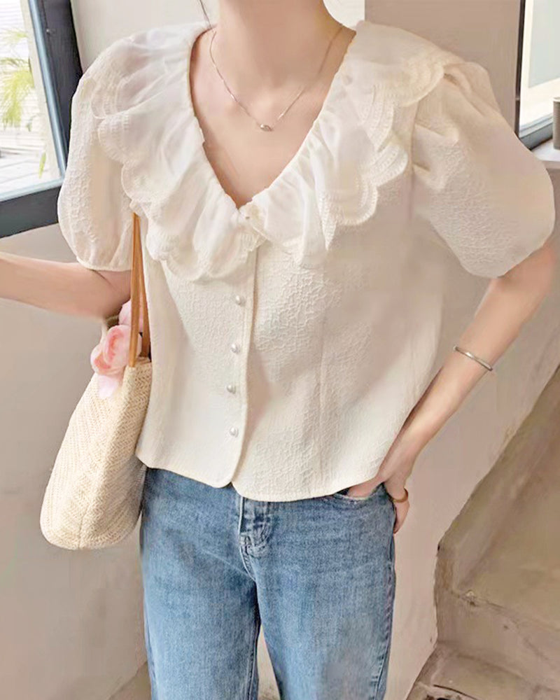 Pearl Button Frill Collar Blouse PRCL905959 