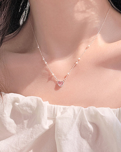Clear Pink Heart &amp; Pearl Necklace PRCL906038 