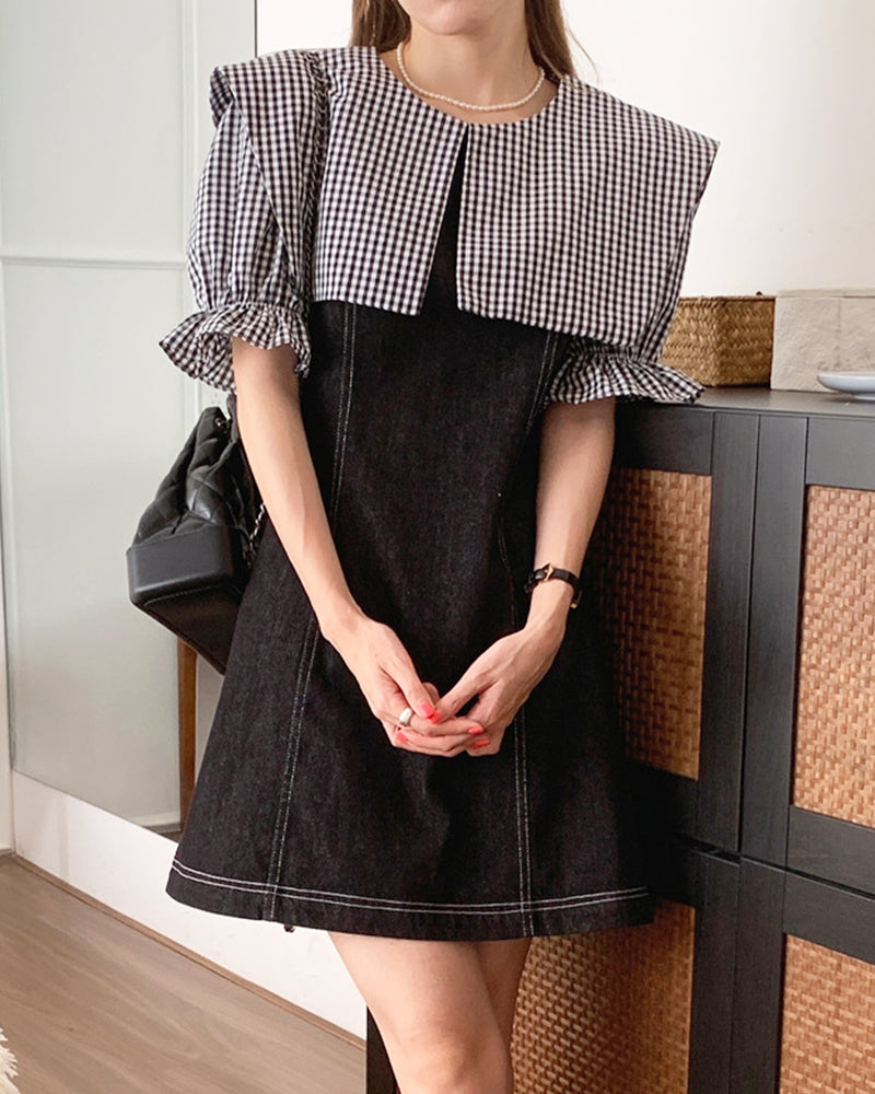 Denim mini dress with gingham check collar PRCL905893 