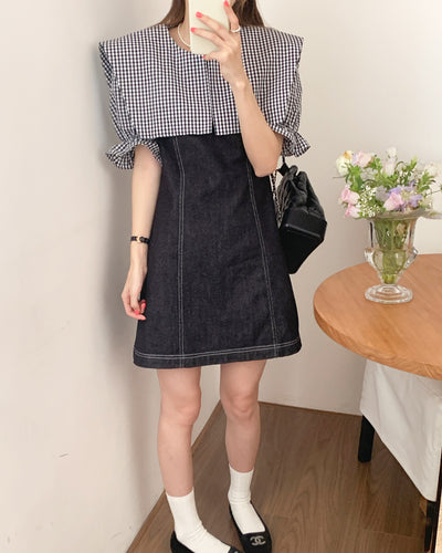 Denim mini dress with gingham check collar PRCL905893 