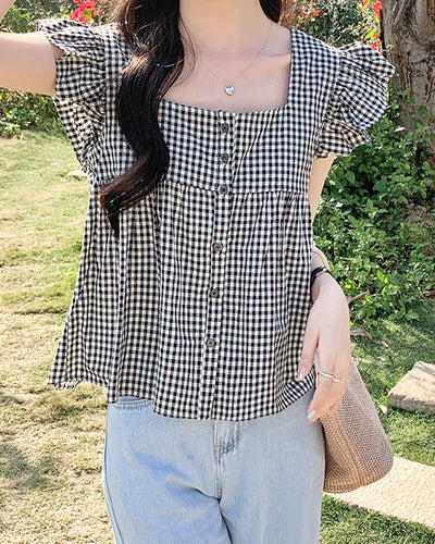 Shoulder frill gingham check blouse PRCL905953 