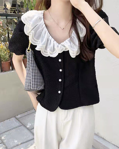 Pearl Button Frill Collar Blouse PRCL905959 