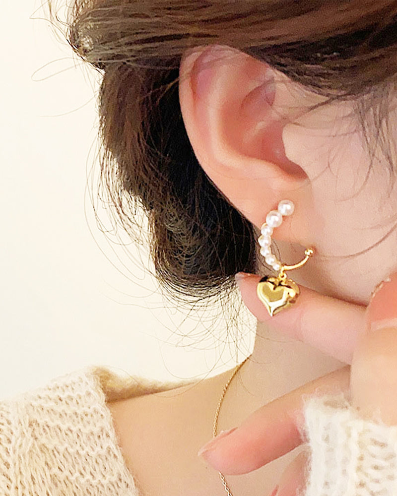Mini Pearl &amp; Gold Heart Earrings PRCL905908 