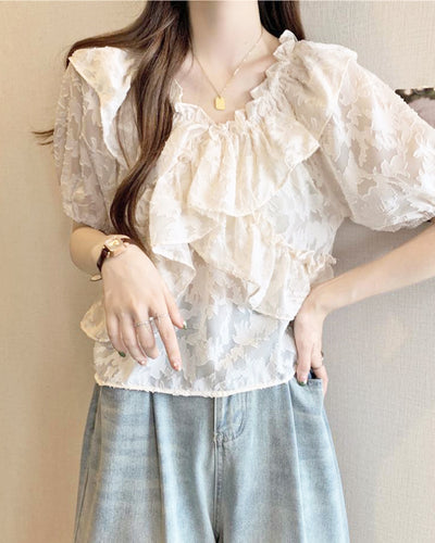 2way jacquard style cross frill blouse PRCL905943 