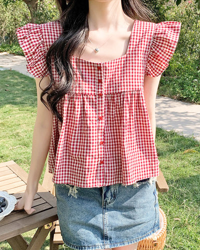 Shoulder frill gingham check blouse PRCL905953 