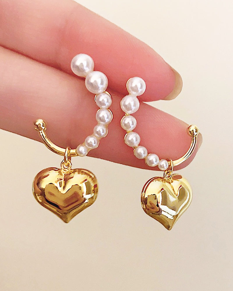 Mini Pearl &amp; Gold Heart Earrings PRCL905908 