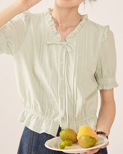 Gingham Check Frill Blouse PRCL905924 