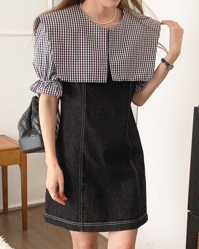 Denim mini dress with gingham check collar PRCL905893 