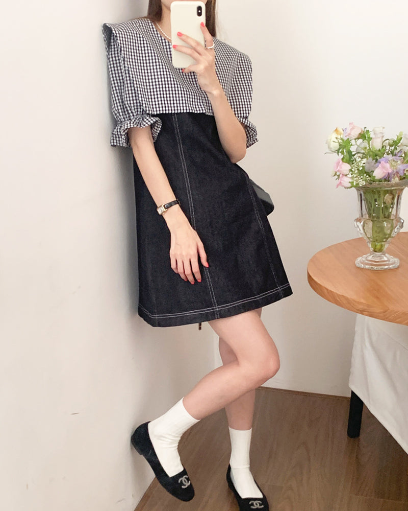 Denim mini dress with gingham check collar PRCL905893 