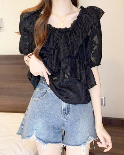 2way jacquard style cross frill blouse PRCL905943 