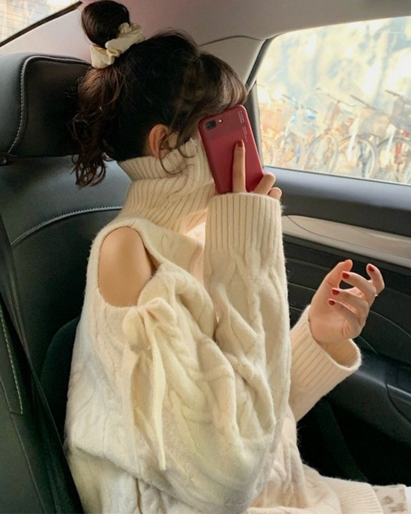 [Instant delivery] Open shoulder cable knit with ribbon CMGZ100004 