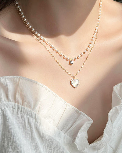 Heart &amp; Pearl Double Necklace PRCL905857 