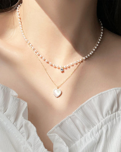 Heart &amp; Pearl Double Necklace PRCL905857 