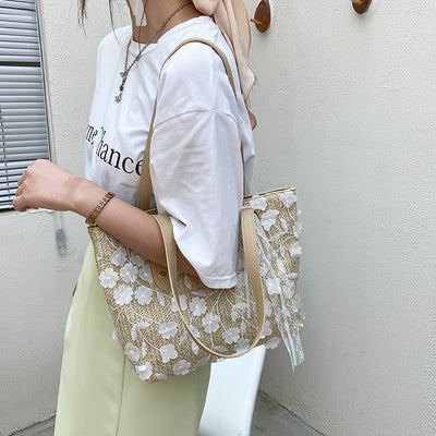 Lace Straw Tote Bag PRCL903812