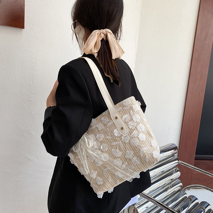 Lace Straw Tote Bag PRCL903812