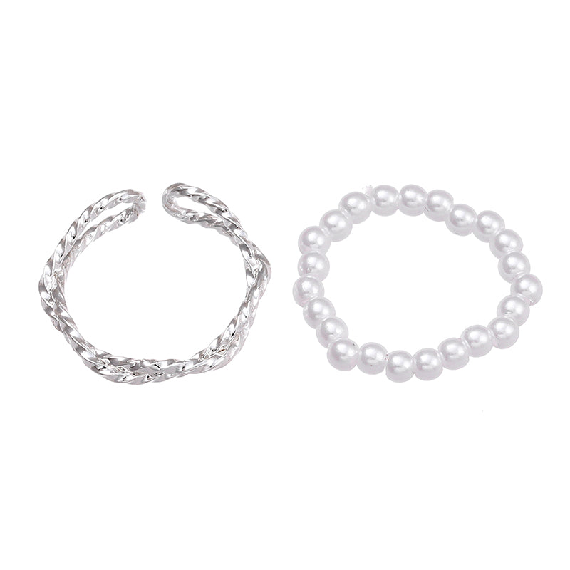[Set of 2] Silver &amp; Pearl Ring PRCL903754 